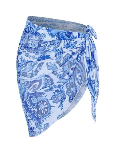 ZAFUL Women's Short Sarongs Beach Wrap Tie Side Ditsy Floral Print Cover Up Swimwear Sarong(5-Floral Blue,One Size) | Amazon (US)