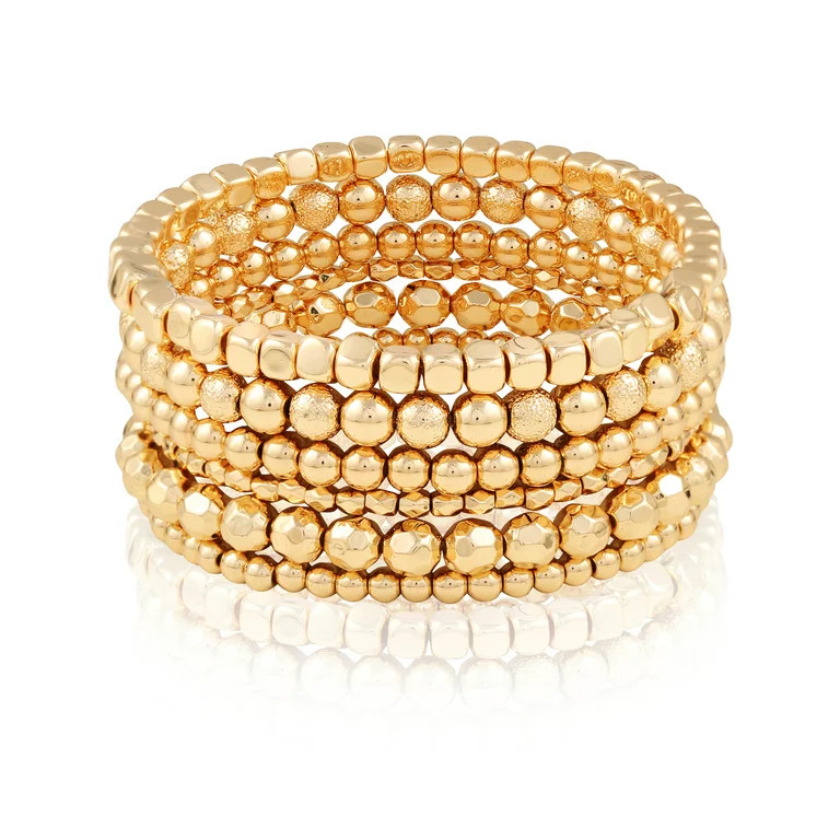 Time and Tru Women's Gold-Tone Beaded Stretch Bracelet Set, 6-Piece | Walmart (US)