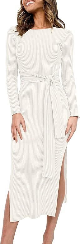 Caracilia Women's Crew Neck Long Sleeve Midi Sweater Dress Elegant Side Slit Rib Knit Slim Tie Wa... | Amazon (US)