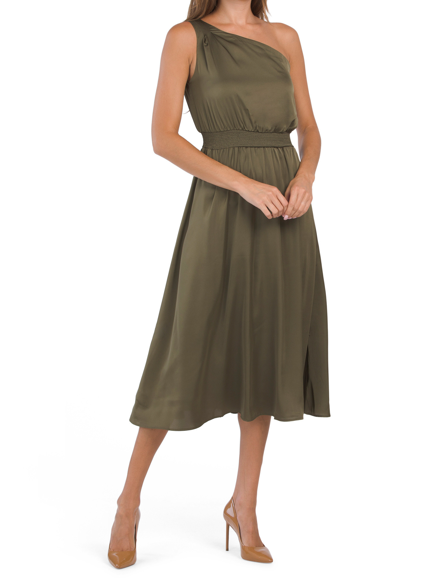 Satin Smocked Waist One Shoulder Midi Dress | TJ Maxx