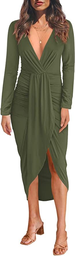 PeoKia Women's Long Sleeve Elegant Midi Dresses Sexy V Neck Wrap Split Bodycon Cocktail Party Dre... | Amazon (US)