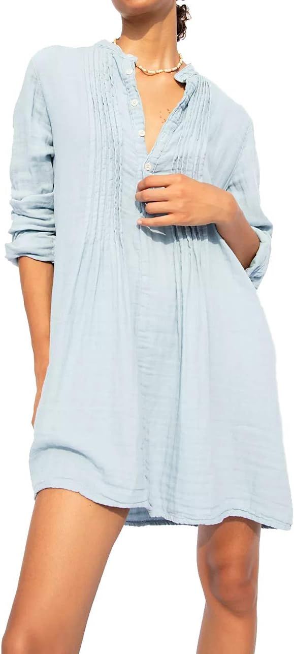 R.Vivimos Women's Tunic Dress Fall Cotton Button Down Long Sleeves Casual Mini Shirt Dress | Amazon (US)