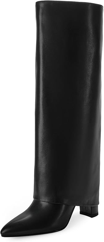Knee High Boots Women Fold Over Knee High Boots Chunky High Heels Long Boots Zipper Pointed Toe Dres | Amazon (US)