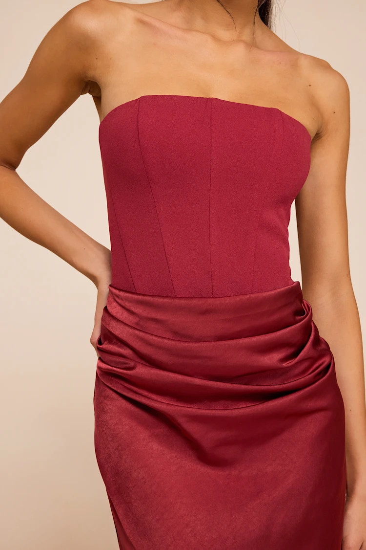 Mella Burgundy Mixed Media Strapless Maxi Dress | Lulus