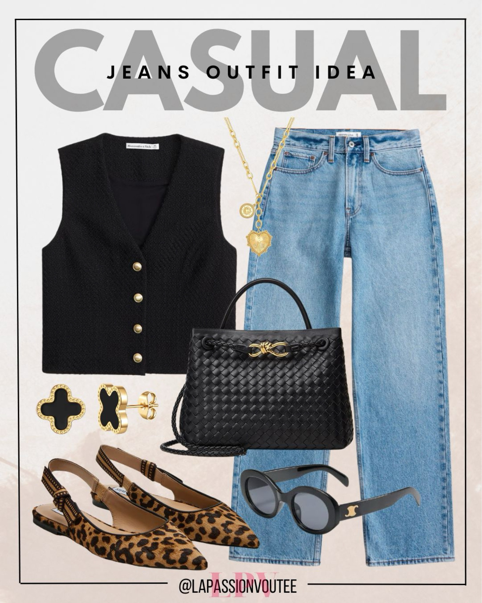 Elevate your style with slouchy jeans and a chic tweed vest top. Accentuate the look with clover earrings, a delicate necklace, and stylish sunglasses. A woven bag and leopard slingback ballet flats add the perfect blend of elegance and edge.

#LTKFindsUnder100 #LTKSeasonal #LTKStyleTip