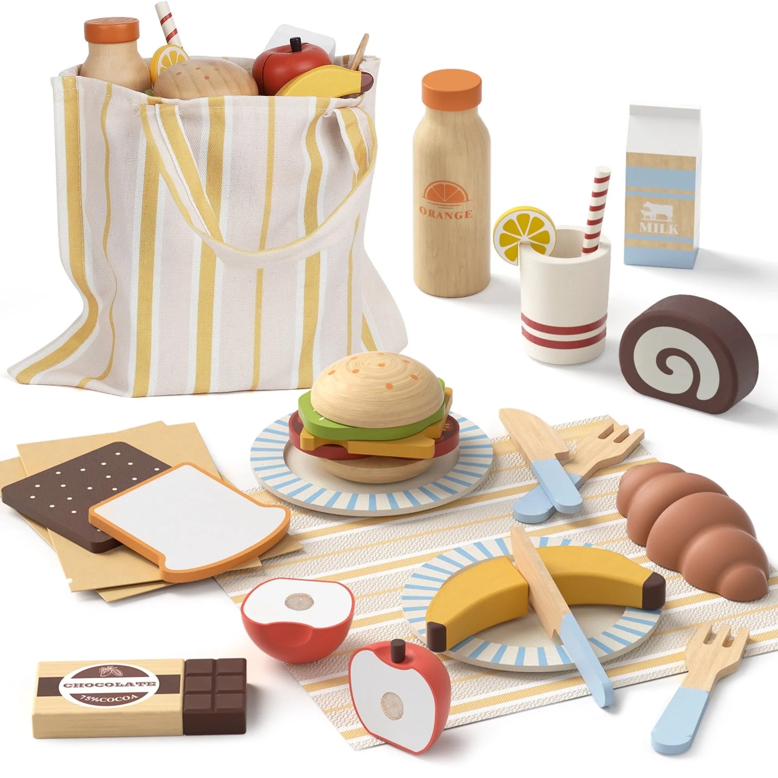 Wooden Play Food Sets for Kids Kitchen, Food Toys for Toddlers 3-5, Pretend Picnic Play Set, Kids... | Walmart (US)