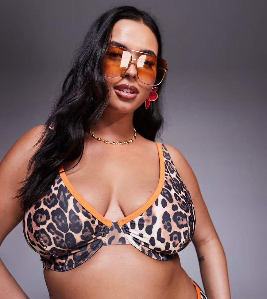 ASOS DESIGN Curve Leo contrast binding underwired bikini top in animal print-Multi | ASOS (Global)