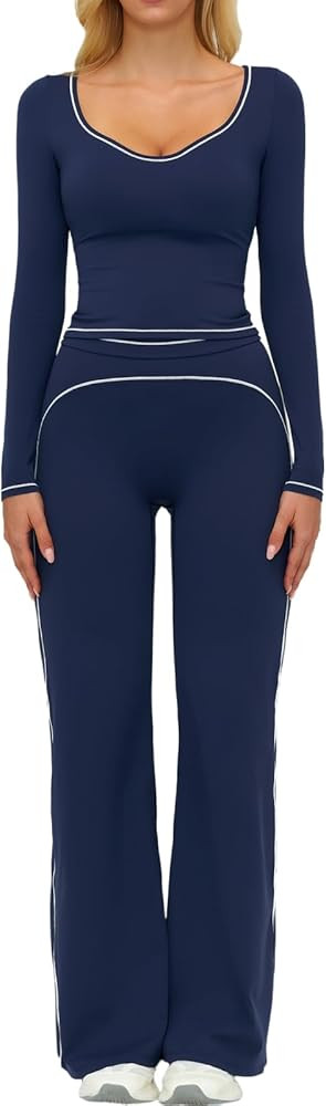 MUMANAIXI Women's 2 Piece Workout Sets Long Sleeve Crop Top High Waist Flare Pants Gym Yoga Outfi... | Amazon (US)