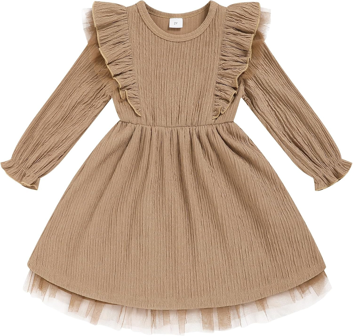Toddler Girl Dress Fall Ruffle Long Sleeve Baby Girl Solid Color Casual Dresses 2-6Y | Amazon (US)