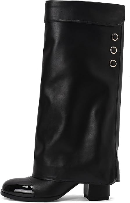 Knee high boot womens Fold Over black suede boots for women Round Toe tan Chunky heels Pull on Bo... | Amazon (US)