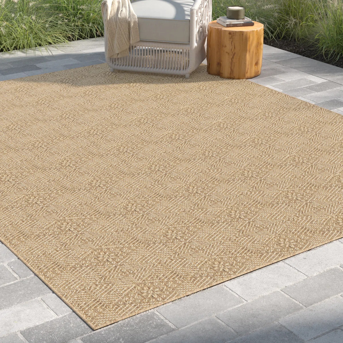 Roselyn Geometric Power Loom Beige Indoor/Outdoor Patio Rug | Wayfair North America