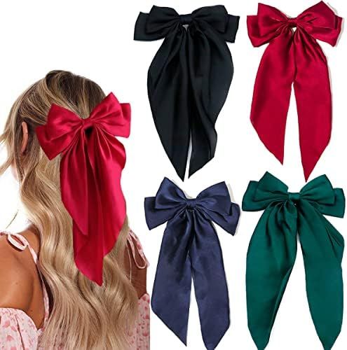 4 Pieces Silky Satin Hair Bows Ribbon Hair Barrettes Clip for Women Large Bow Hair Slides Metal C... | Amazon (US)