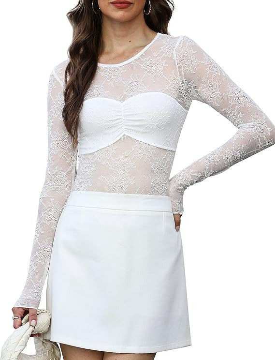 OFEEFAN Womens Mesh Tops Lace Long Sleeve Shirts Crewneck Slim Fitted Outfits See Through Blouses | Amazon (US)