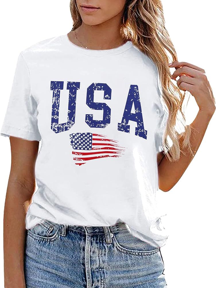USA Flag Tee Shirt Women 4th of July Gift T Shirt Casual Short Sleeve American Proud T-Shirt Tops | Amazon (US)