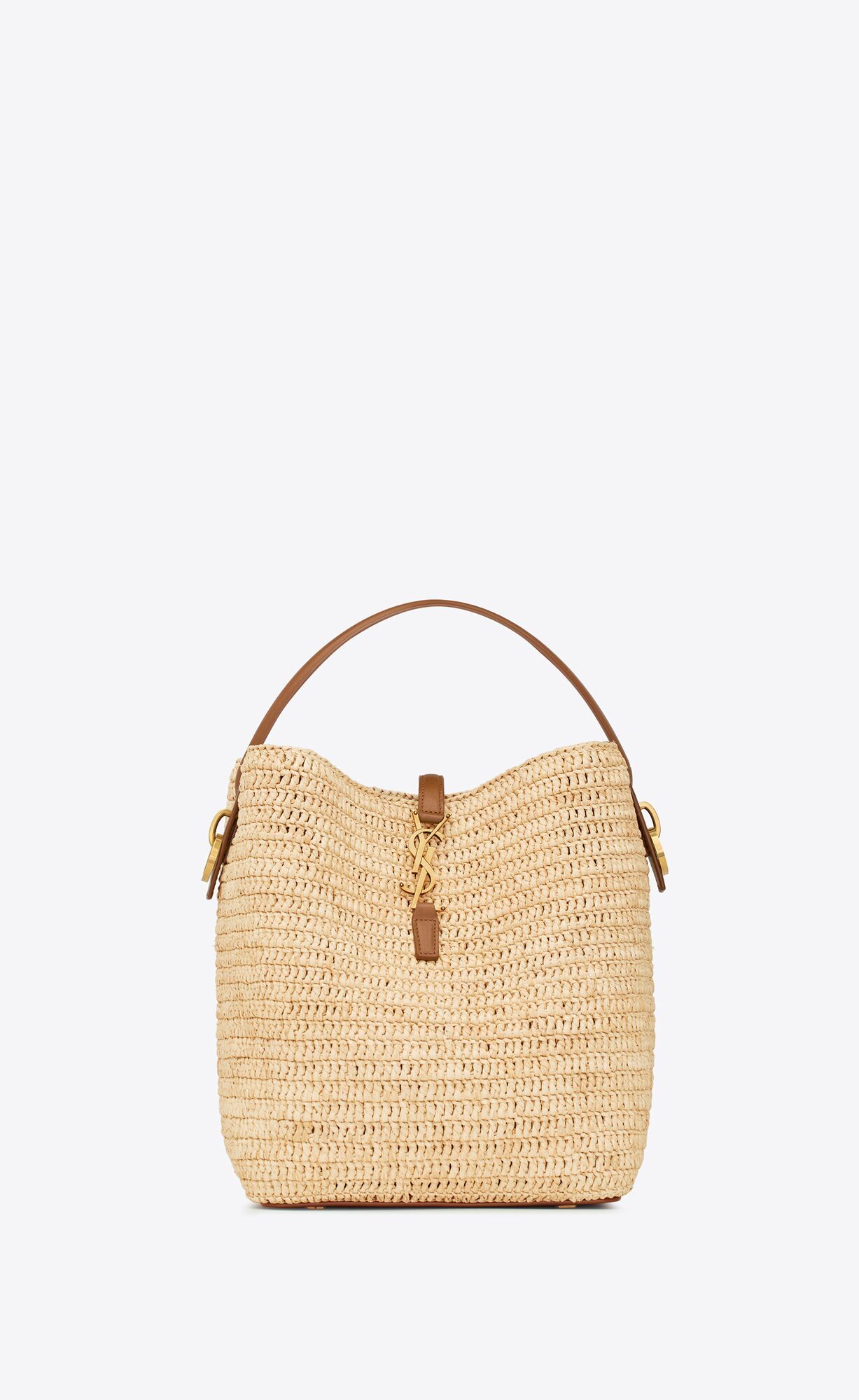 Bucket bag featuring a CASSANDRE hook closure, made with natural woven raffia and vegetable-tanne... | Saint Laurent Inc. (Global)