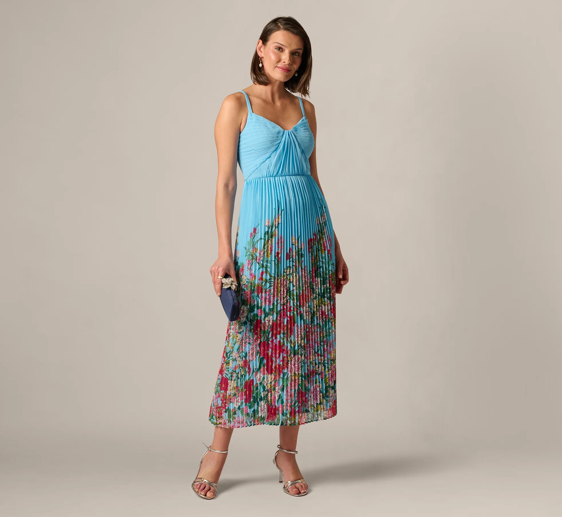 Light Blue Pleated Wildflower Border Midi Dress - Adrianna Papell | Adrianna Papell