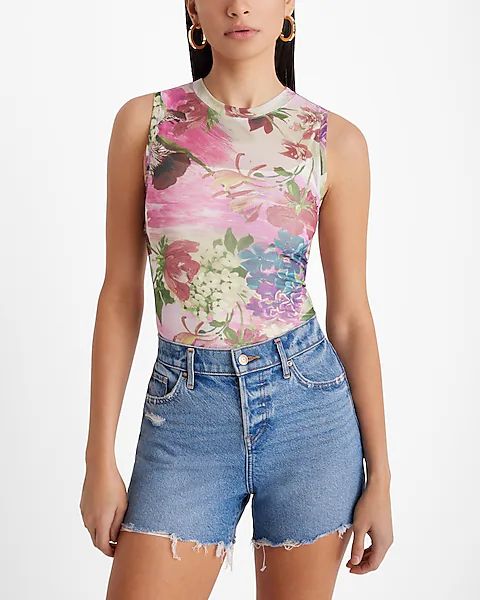 Floral Fitted Mesh Sleeveless Crew Neck Bodysuit | Express