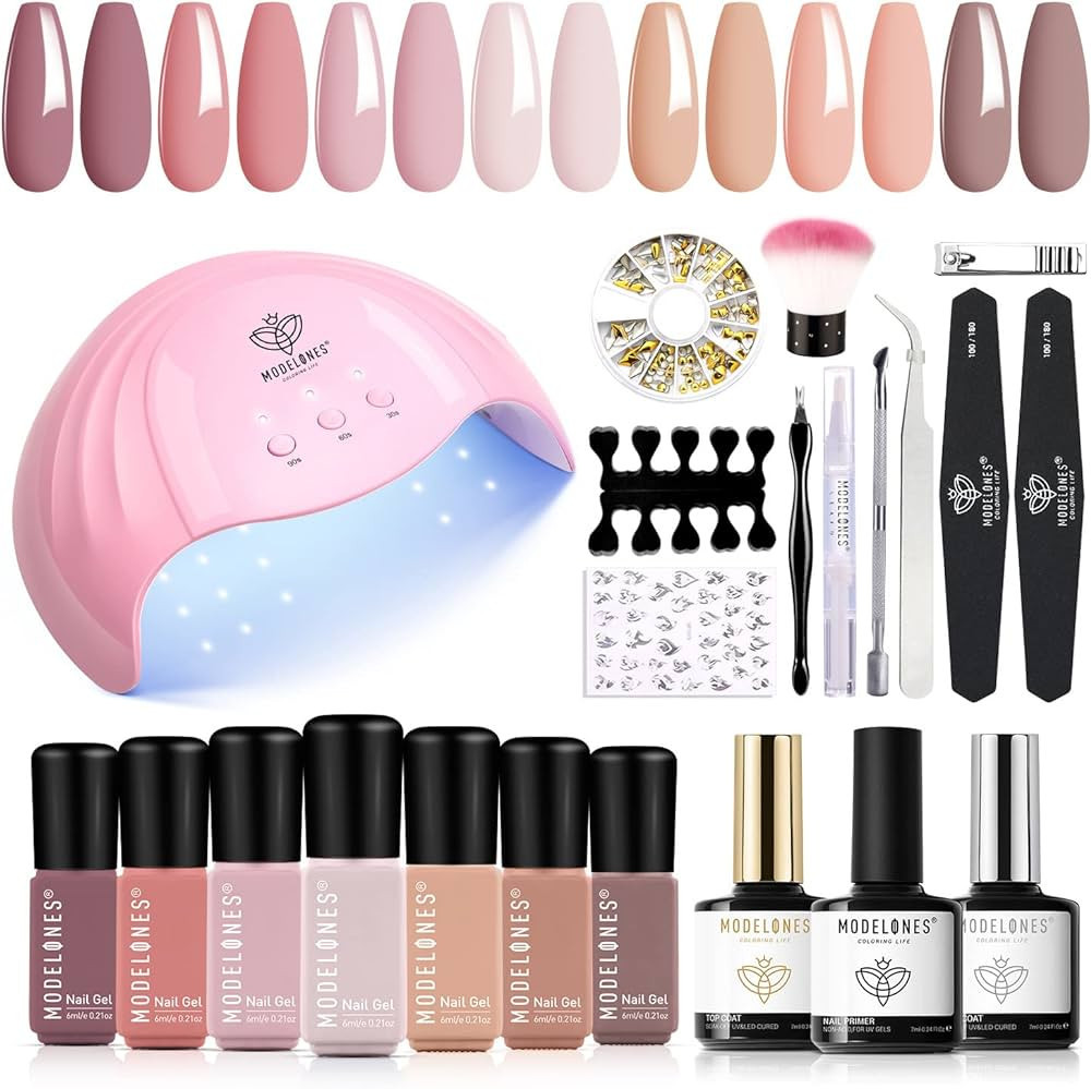 GNK Modelones Gel Nail Manicure Kit With 48w U V Led Nail Lamp Starter Kit, 22 Pcs Nude Pink Soak... | Amazon (US)