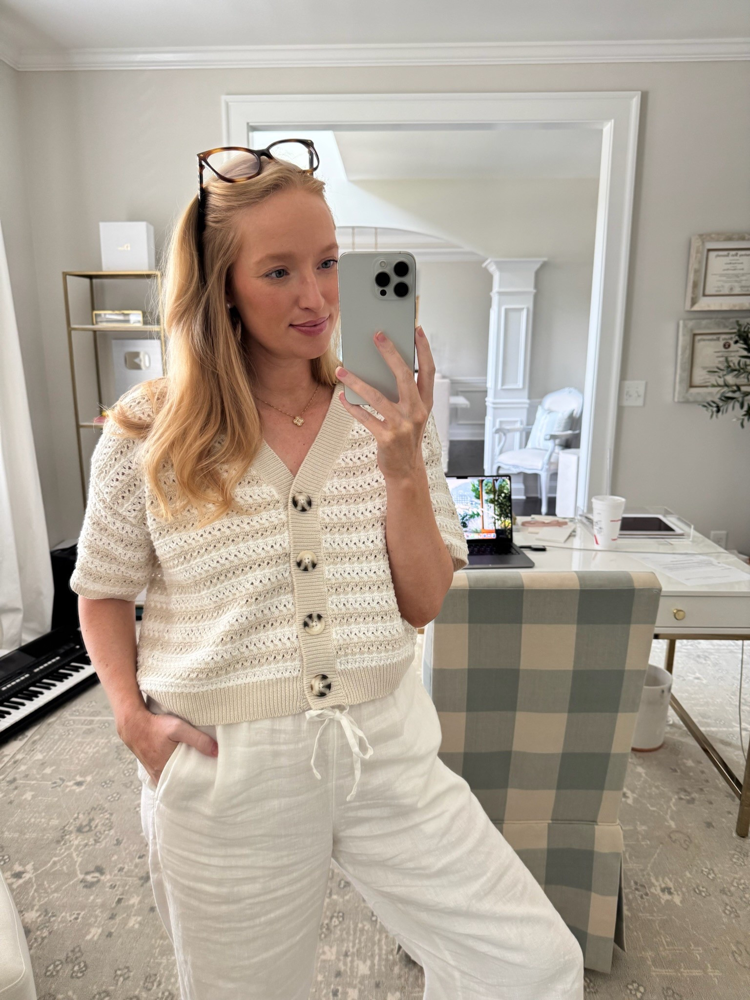 Work from home OOTD! Love a neutral spring look. Wearing a small in both this Target sweater and J.Crew white linen pants. Spring outfits // neutral outfits // comfortable outfits // work from home outfits // casual outfits // linen pants // summer sweaters 

#LTKSeasonal #LTKBump #LTKWorkwear