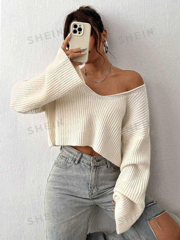SHEIN MOOSTA Solid Drop Shoulder Crop Ribbed Knit Sweater | SHEIN