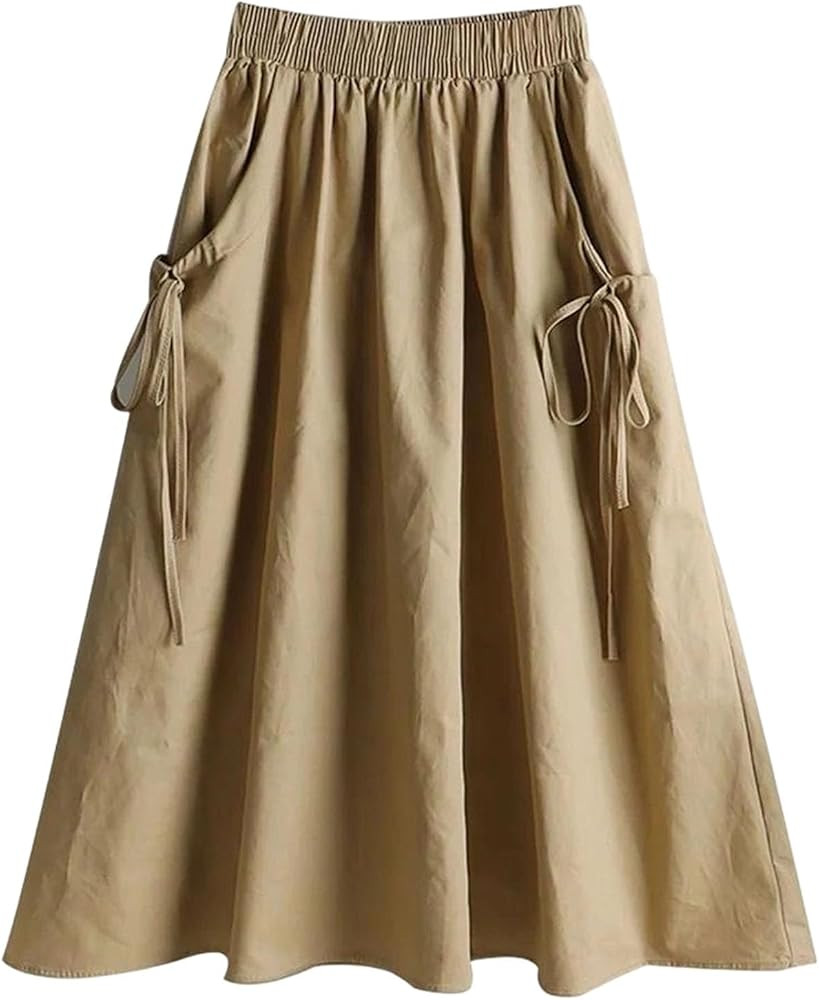 Womens Long Midi Skirt Elastic High Waist A Line Skirt with Pockets Solid Casual Vintage Work Bot... | Amazon (US)