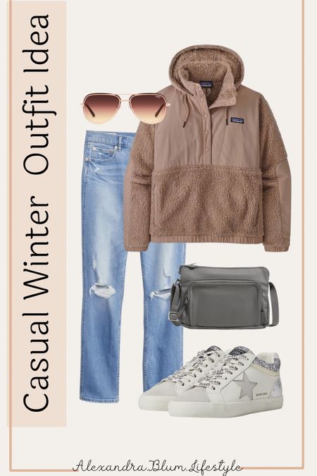 Casual winter outfit idea!! Patagonia pullover sweatshirt, ripped denim blue jeans, glitter sneakers, grey crossbody purse, aviator sunglasses!! More winter outfits on my page!

#LTKshoecrush #LTKunder100 #LTKSeasonal