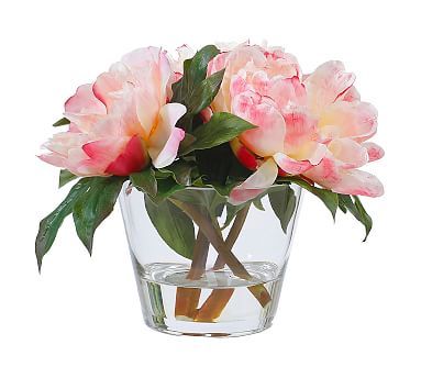 Faux Peonies in Round Glass Vase | Pottery Barn (US)