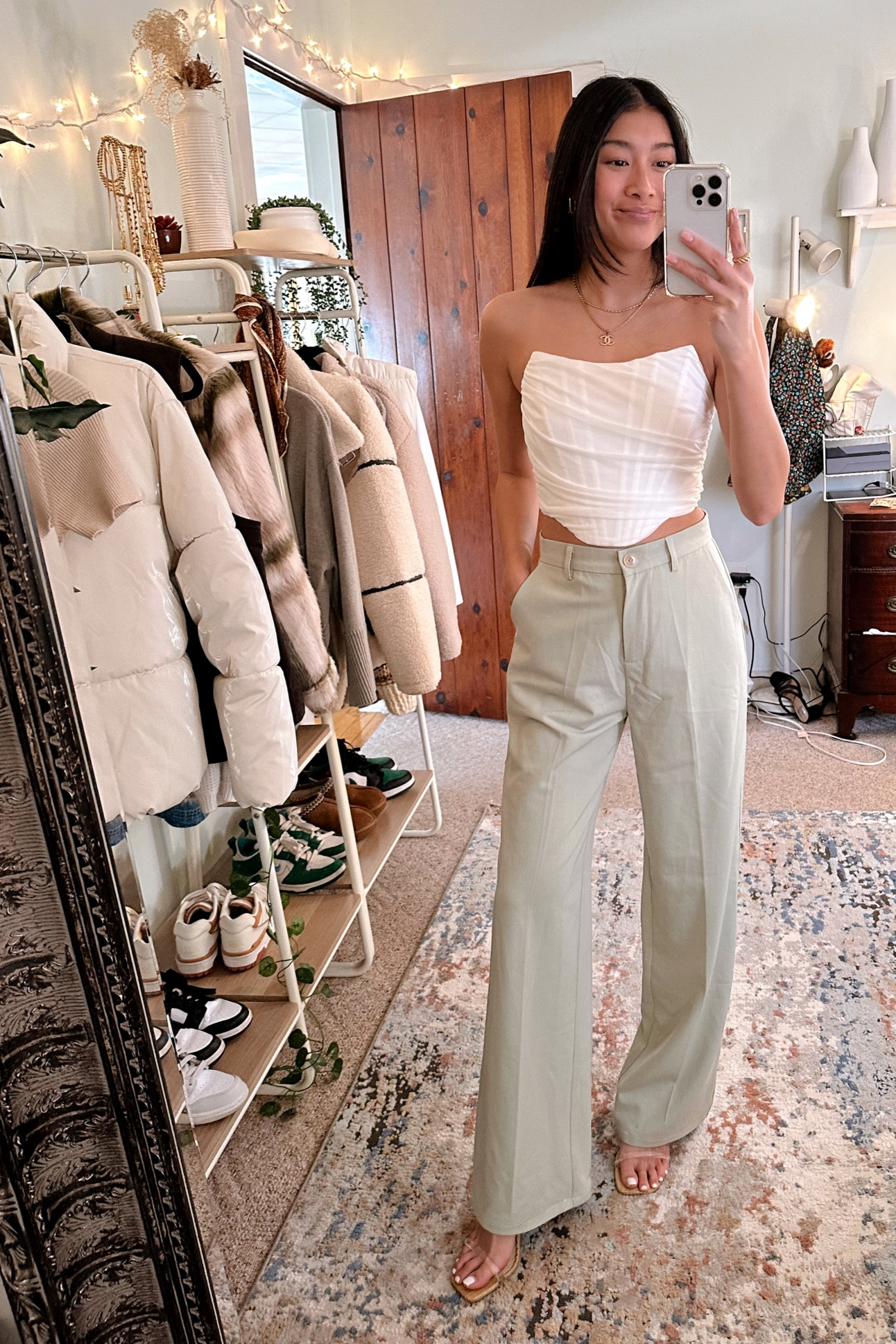 Spring outfit inspiration going out outfit, casual, dressy, trousers, corset top, vacation spring look! 
Top linked
Pants Motel Rocks Abba Trousers in Sage
Shoes Dolce Vita <3 

#LTKstyletip #LTKworkwear #LTKtravel