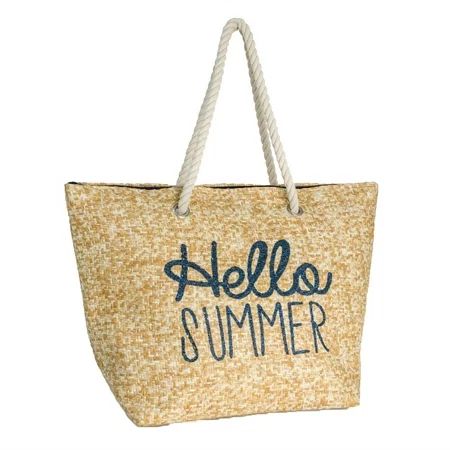 Hello Summer Straw Beach Bag Packable Large Tote, Natural / Navy | Walmart (US)