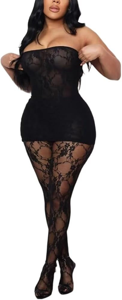 Kafiloe Sexy 3 Piece Outfits for Women Clubwear Lace Tube Mini Dress Top with Stockings Set Birth... | Amazon (US)