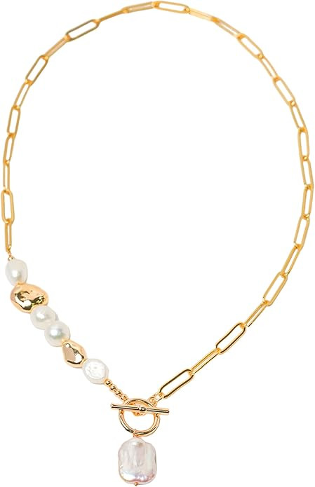 Gold Cuban Chain Necklace Baroque Pearl Necklace 14K Gold Plated Rose Gold Plated Freshwater Pear... | Amazon (US)