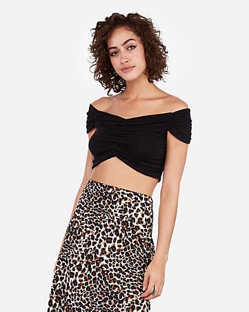 rocky barnes ruched off the shoulder crop top | Express