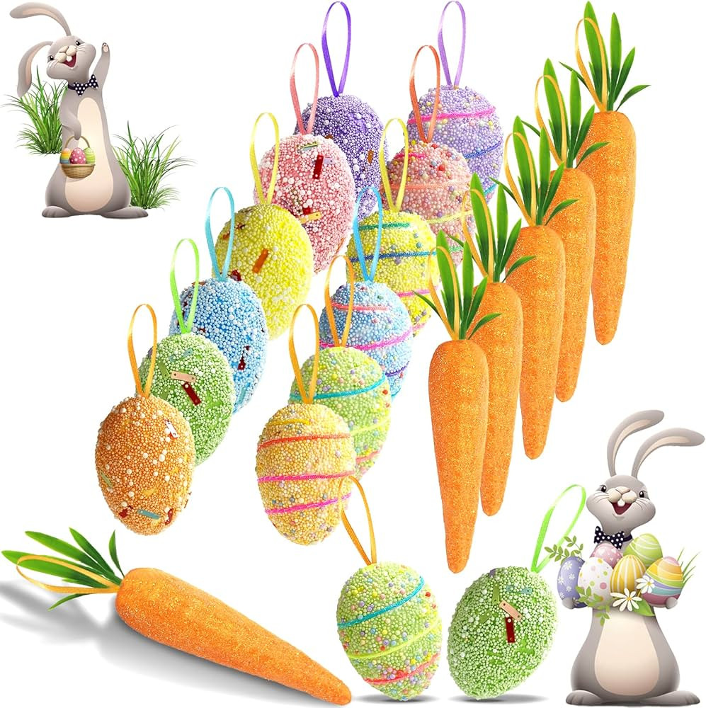 18PCS Easter Egg Ornaments and Carrot Hanging Ornaments Colorful Foam Easter Hanging Egg Ornament... | Amazon (US)