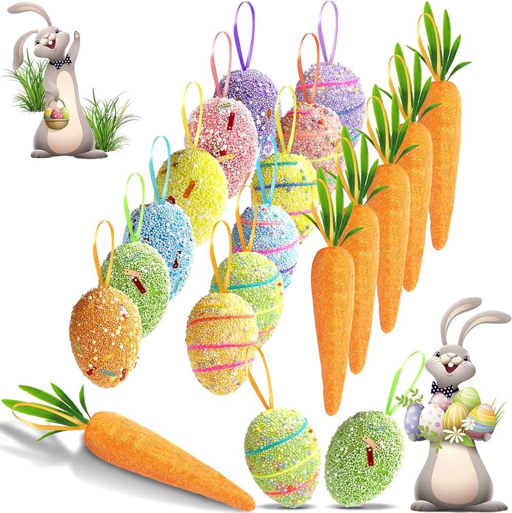 18PCS Easter Egg Ornaments and Carrot Hanging Ornaments Colorful Foam Easter Hanging Egg Ornament... | Amazon (US)
