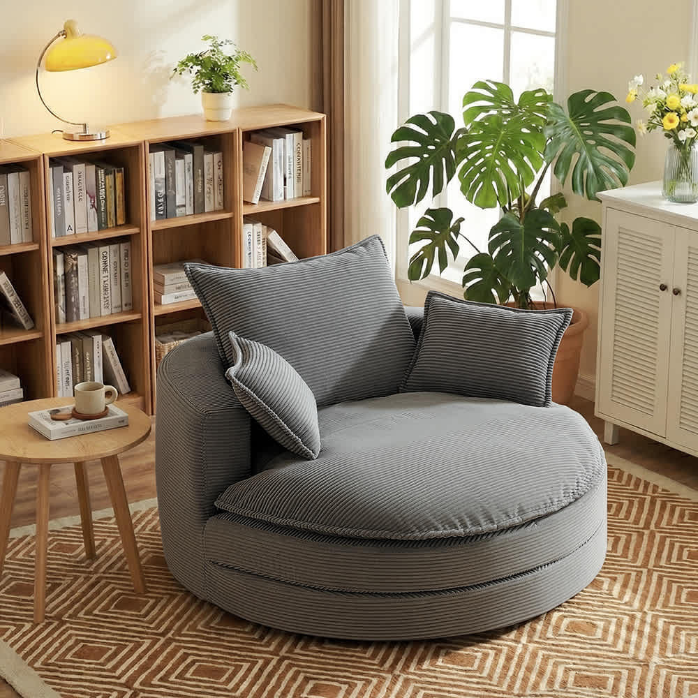 Coolbibila Oversized Gray Corduroy Swivel Sofa Chair Barrel Chair with Cushion and Pillows for Living Room one_size | NIKKO-CHAIR-GRAY | Lowe's