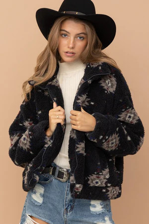 REORDER: Sherpa Aztec Zip Up Mock Neck Cozy Jacket: Black/Multi | Shophopes