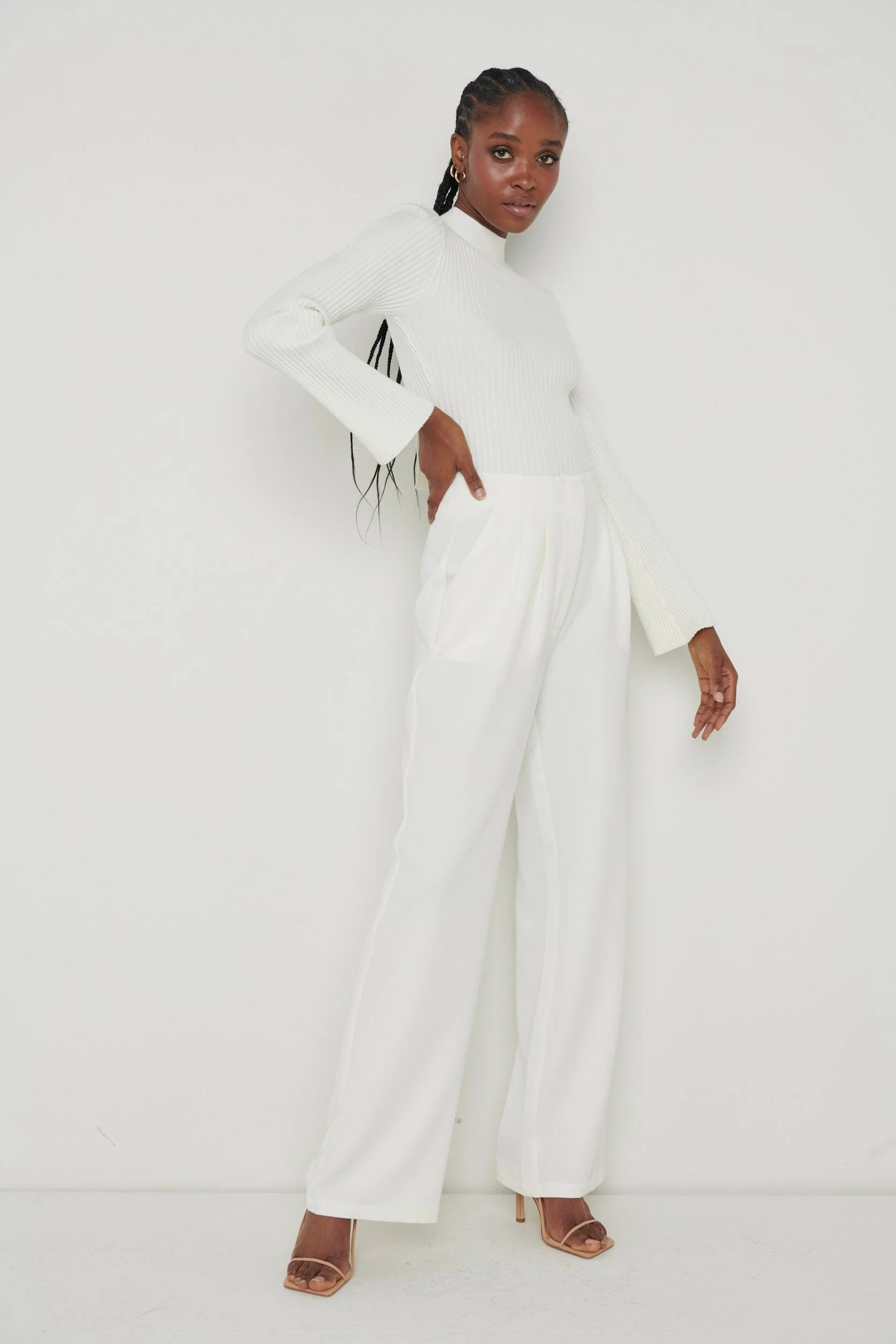 Parker High Waisted Box Pleat Trouser - Cream | Pretty Lavish (UK)