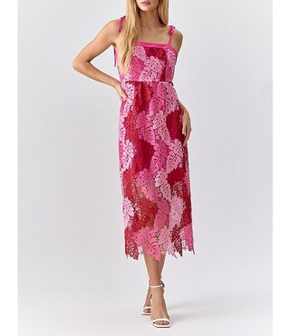 Multicolor Lace Square Neck Sleeveless Tie Shoulder Midi Dress | Dillard's