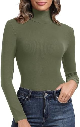 PALINDA Women's Ribbed Turtleneck Fitted Long Sleeve Shirts Basic Thermal Layering Tops | Amazon (US)