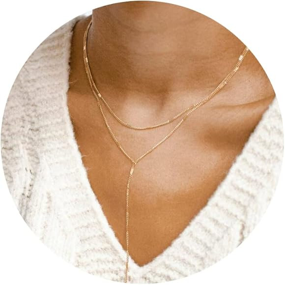CHESKY Lariat Dainty Gold Necklace for Women, Trendy Y Beaded Necklace 14k Gold Plated/Silver Lay... | Amazon (US)