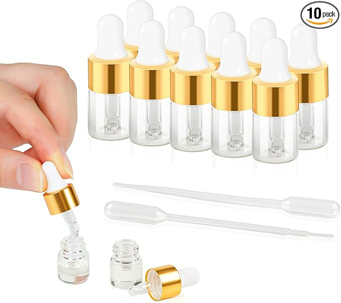 10pcs Mini Glass Dropper Bottle for Essential Oil,2ml Small Clear Sample Dropper Vails with Gold ... | Amazon (US)