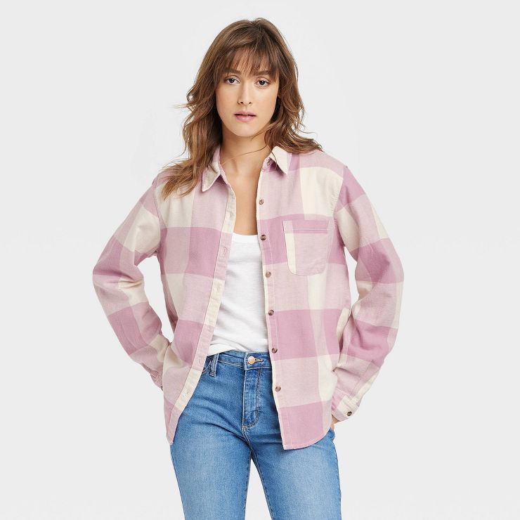 Women&#39;s Relaxed Fit Long Sleeve Flannel Button-Down Shirt - Universal Thread&#8482; Pink Plai... | Target