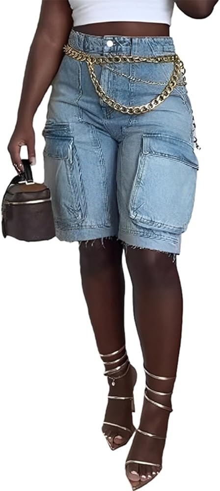 Women Denim Cargo Shorts, High Waisted Long Jean Shorts with Pockets | Amazon (US)