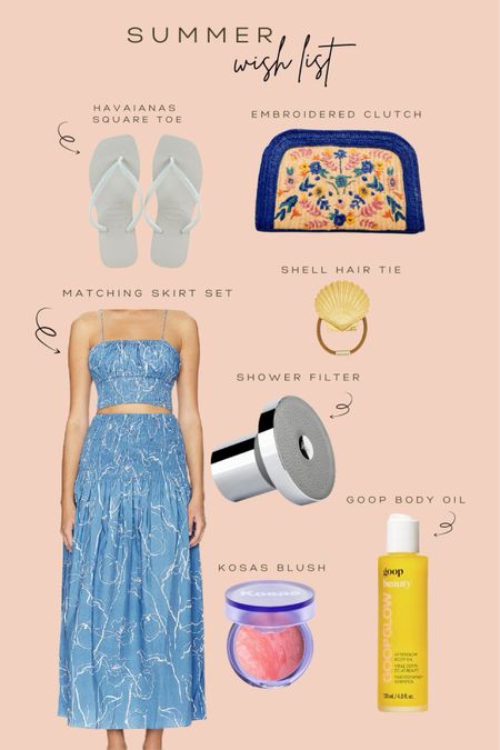 Summer wish list; I love a matching set for easy outfits in the heat! Embroidered bags, square toe sandals, hydrating body oils, and blush is all you need! 🌊🫶🏼✨👒 

#LTKFindsUnder100 #LTKBeauty #LTKStyleTip