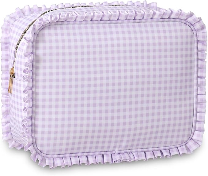 Gingham Ruffle Makeup Bag,Large Travel Cute Cosmetic Bag for Women Girls,Toiletry Bag Make up Org... | Amazon (US)