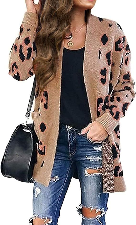 MEROKEETY Women's Open Front Leopard Knit Cardigan Sweaters Pockets Long Sleeve Outwear | Amazon (US)