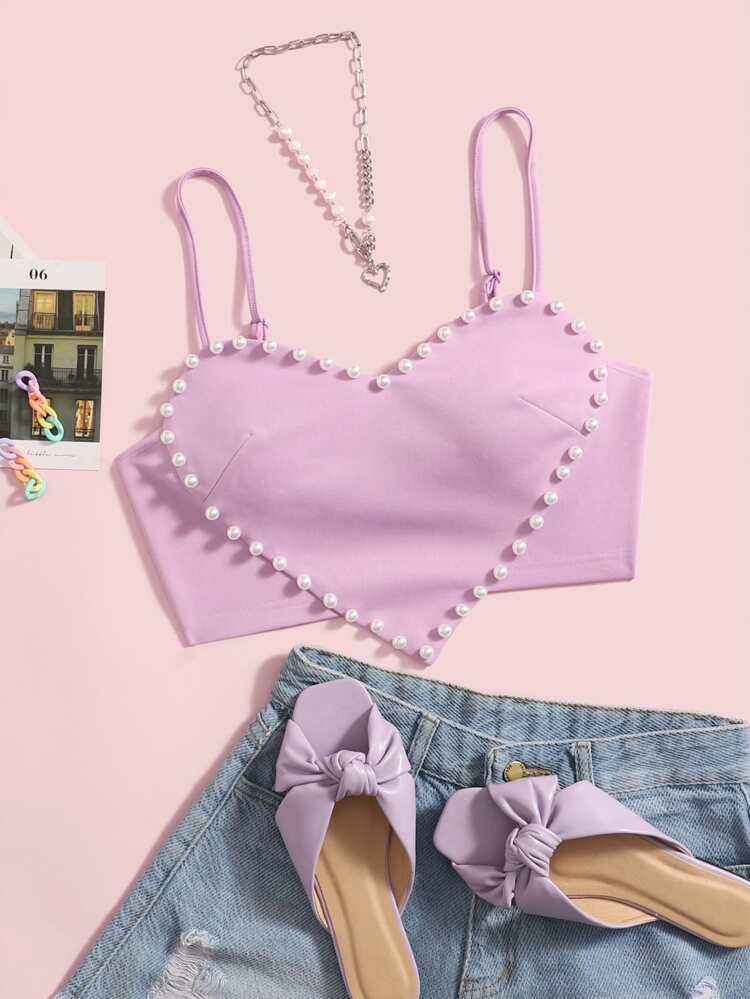 SHEIN ICON Pearls Trim Asymmetrical Hem Cami Top | SHEIN