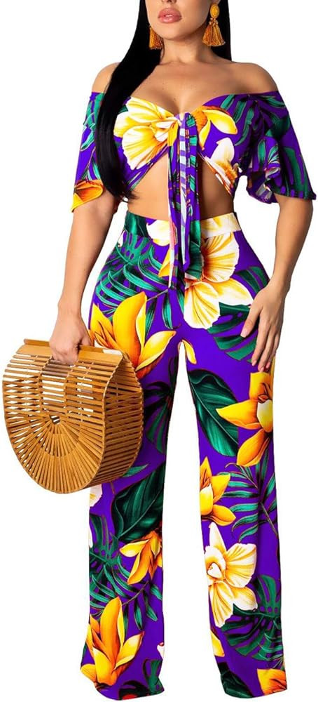 Women's Elegant Two Piece Outfits Sexy Floral Off Shoulder Long Straight Pants Sets Swimsuit Cove... | Amazon (US)