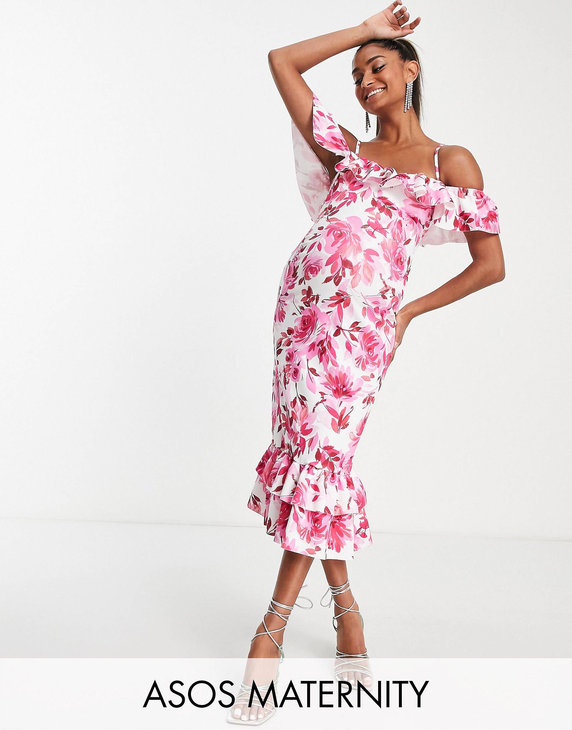 ASOS DESIGN Maternity ruffle midi dress in pink floral print | ASOS (Global)