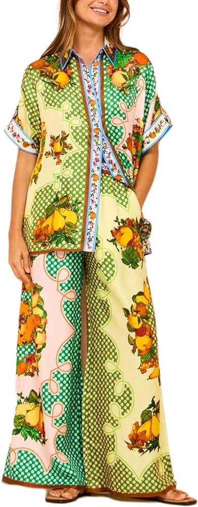 Women's Pajama Set Printed Lounge 2 Piece Outfits Soft Button Down Sleepwear Pants and Top | Amazon (US)